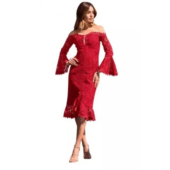 NWT Boston Proper Bell Sleeve Off The Shoulder Lace Midi Dress Women Size‎ 6 Red - Picture 1 of 11